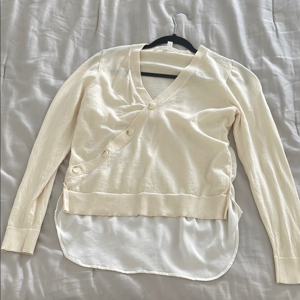 Veronica Beard Cream Button-Up Sweater with Sheer Hem